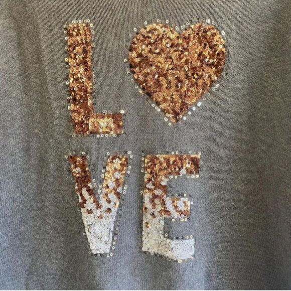 Guess Gray V Neck Sweater LOVE in Copper Silver Metallic Sequins Size L - Picture 4 of 9